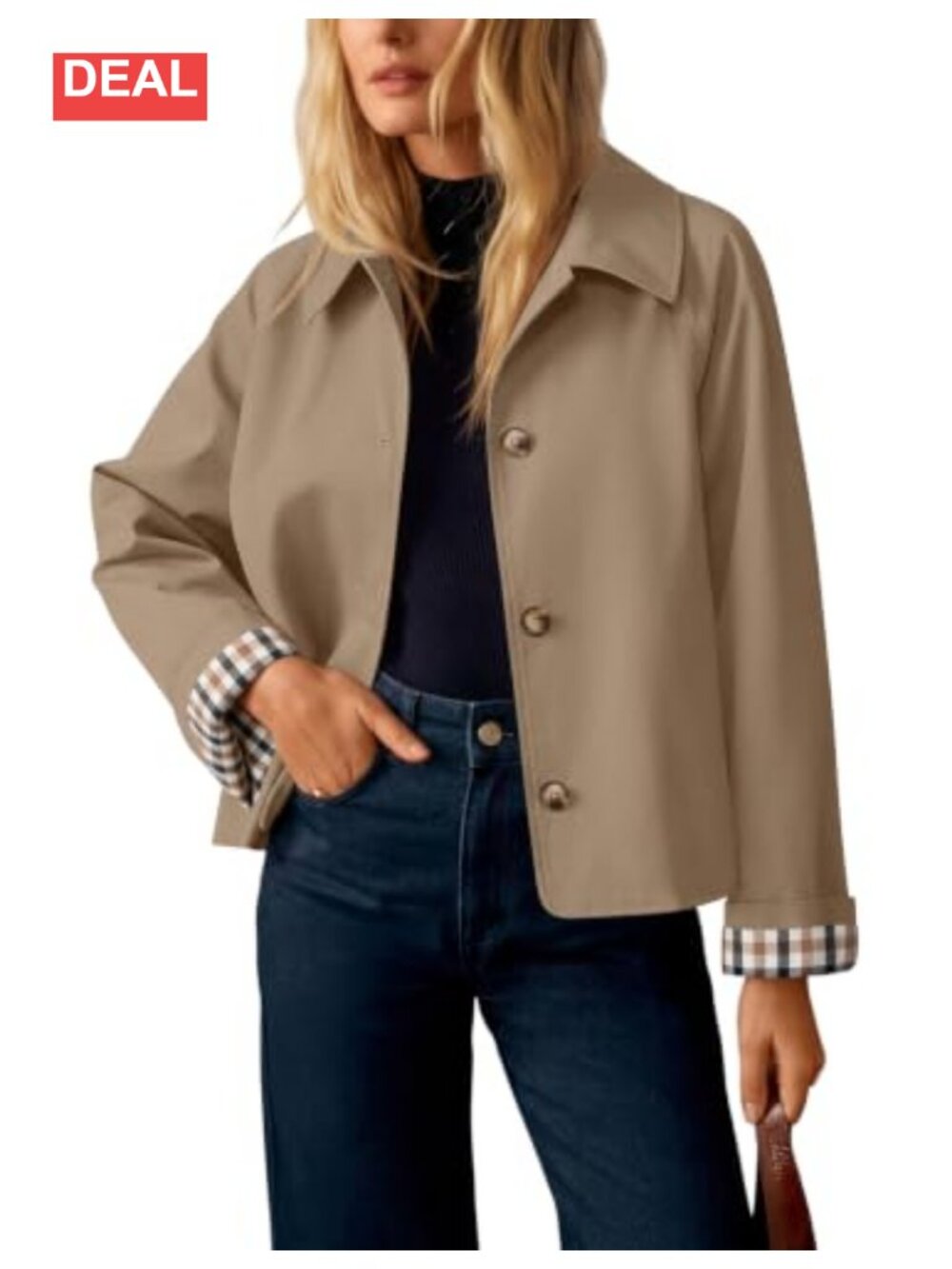 Cropped Trench Coat Plaid Button Front Lightweight Fall Jacket